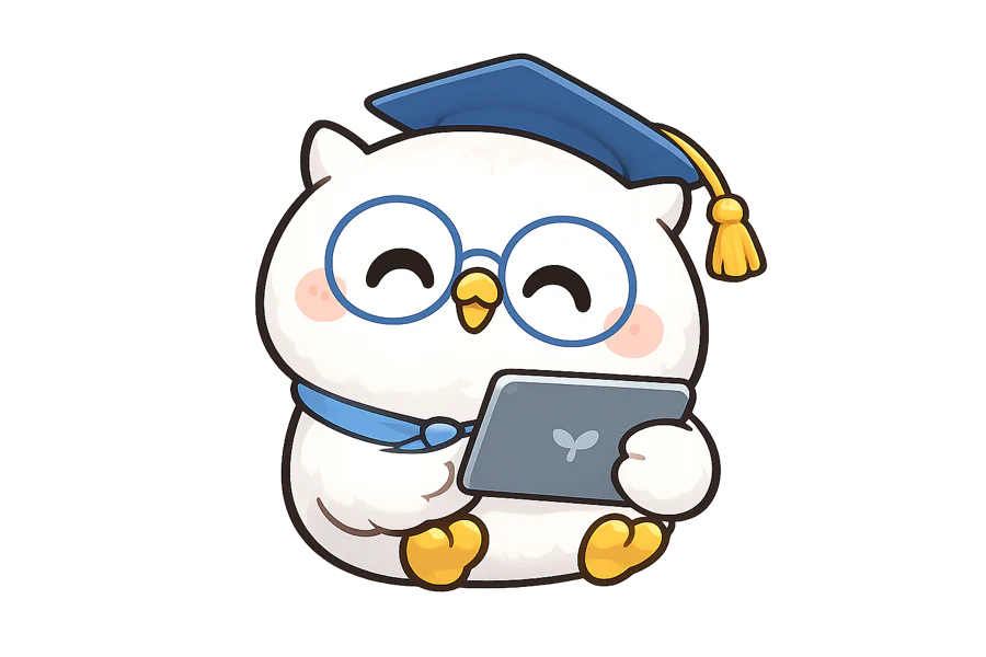 別室で端末から一問を選ぶ場面を案内するまなほーくん