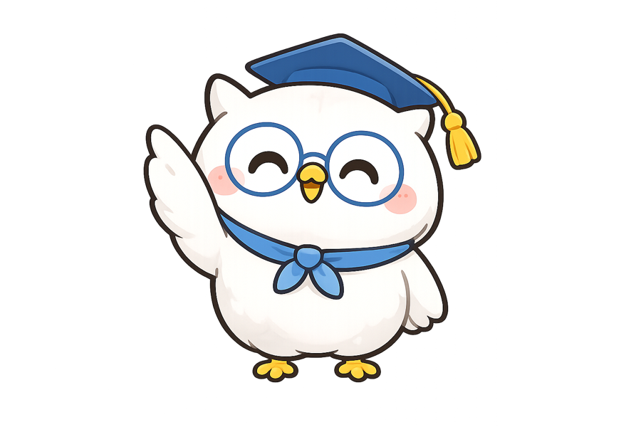笑顔で手を振る、まなホーのフクロウキャラクター